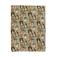 Plush blanket with retro Christmas watercolor design featuring gingerbread men, snowmen, and holiday postcards