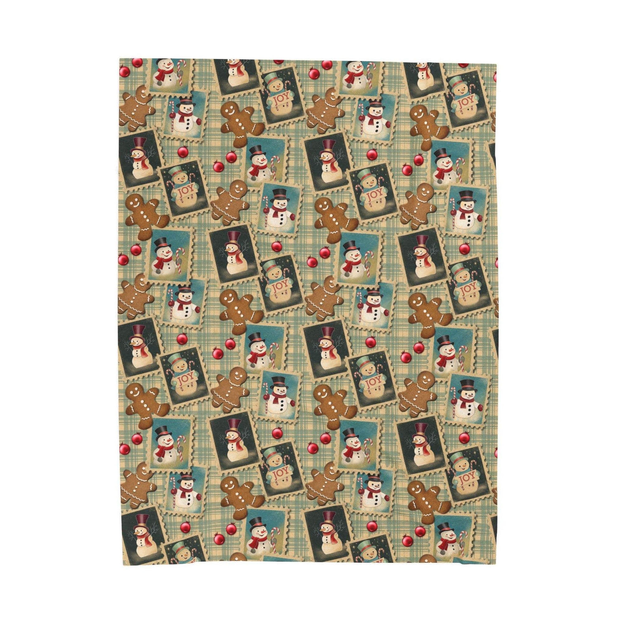 Plush blanket with retro Christmas watercolor design featuring gingerbread men, snowmen, and holiday postcards
