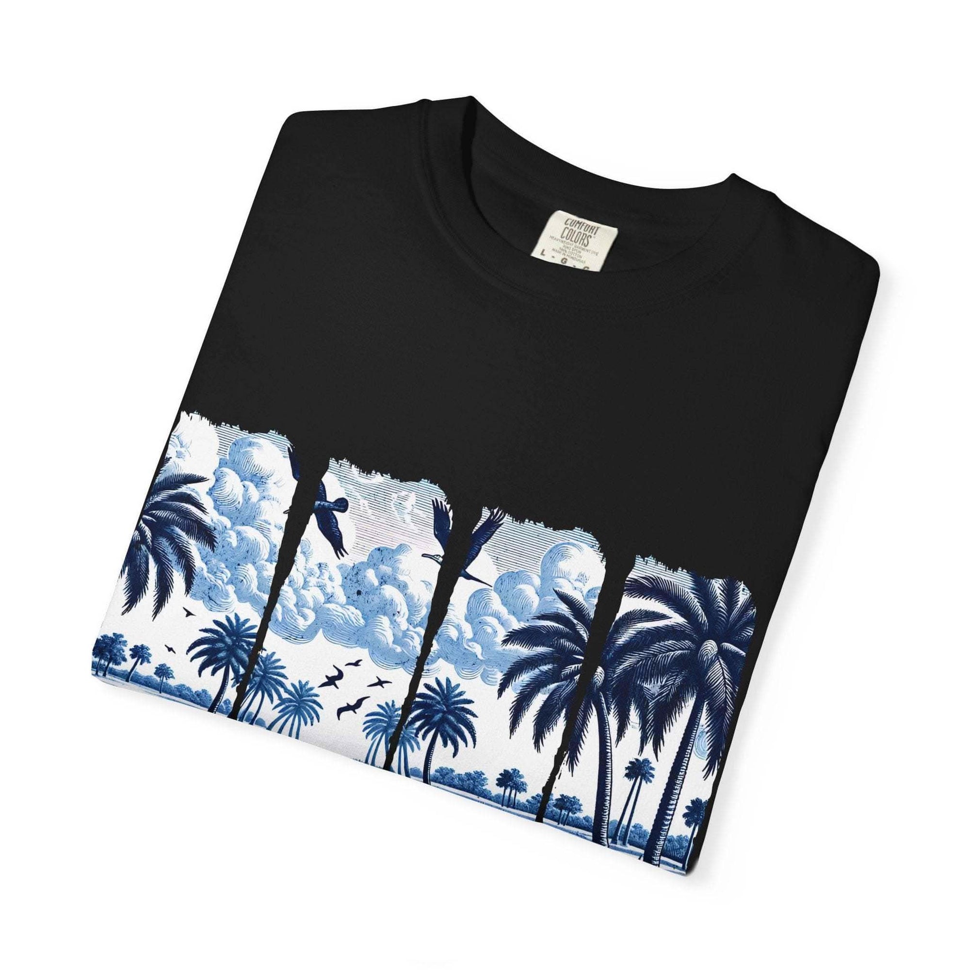 Blue Chinoise Brushstroke T-Shirt with soft blue chinoiserie brushwork on garment-dyed cotton tee