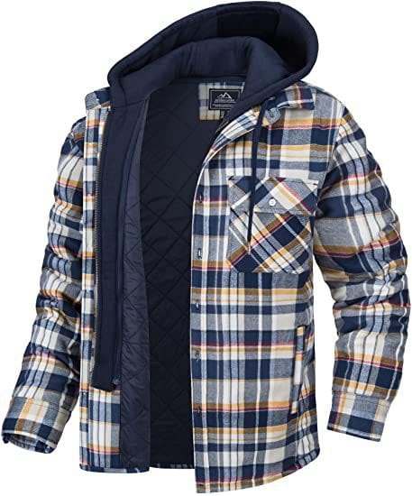 Men's plaid hooded coat winter warm zip-up jacket with cotton filling and loose fit