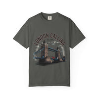 Unisex black garment-dyed t-shirt with 'London Calling' design by Printify