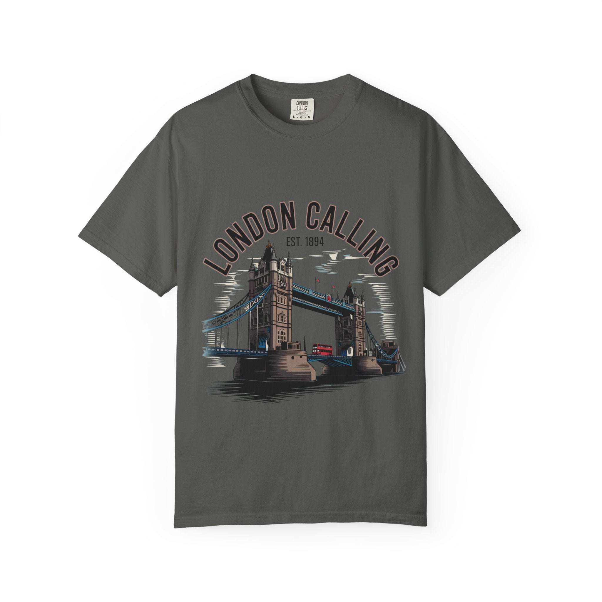 Unisex black garment-dyed t-shirt with 'London Calling' design by Printify