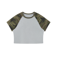 Women's camo raglan crop t-shirt with cotton body and camouflage sleeves, casual streetwear style
