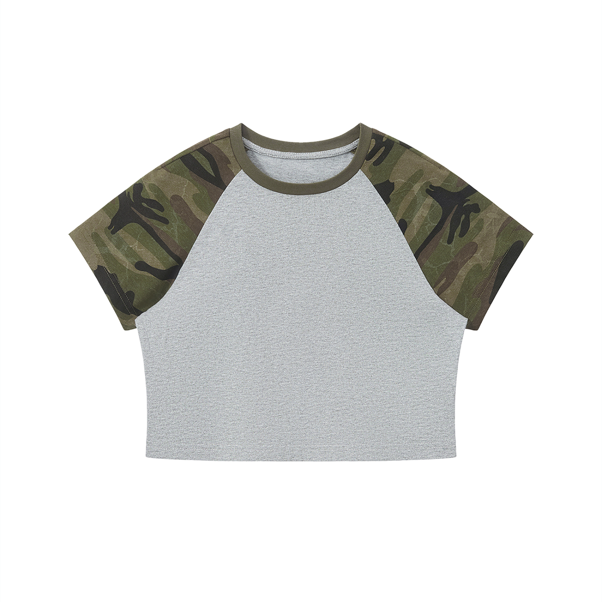 Women's camo raglan crop t-shirt with cotton body and camouflage sleeves, casual streetwear style