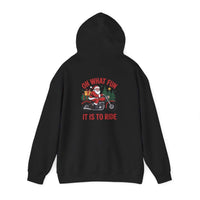 Santa motorcycle hoodie in black, featuring festive graphics, perfect for holiday celebrations and motorcycle enthusiasts.