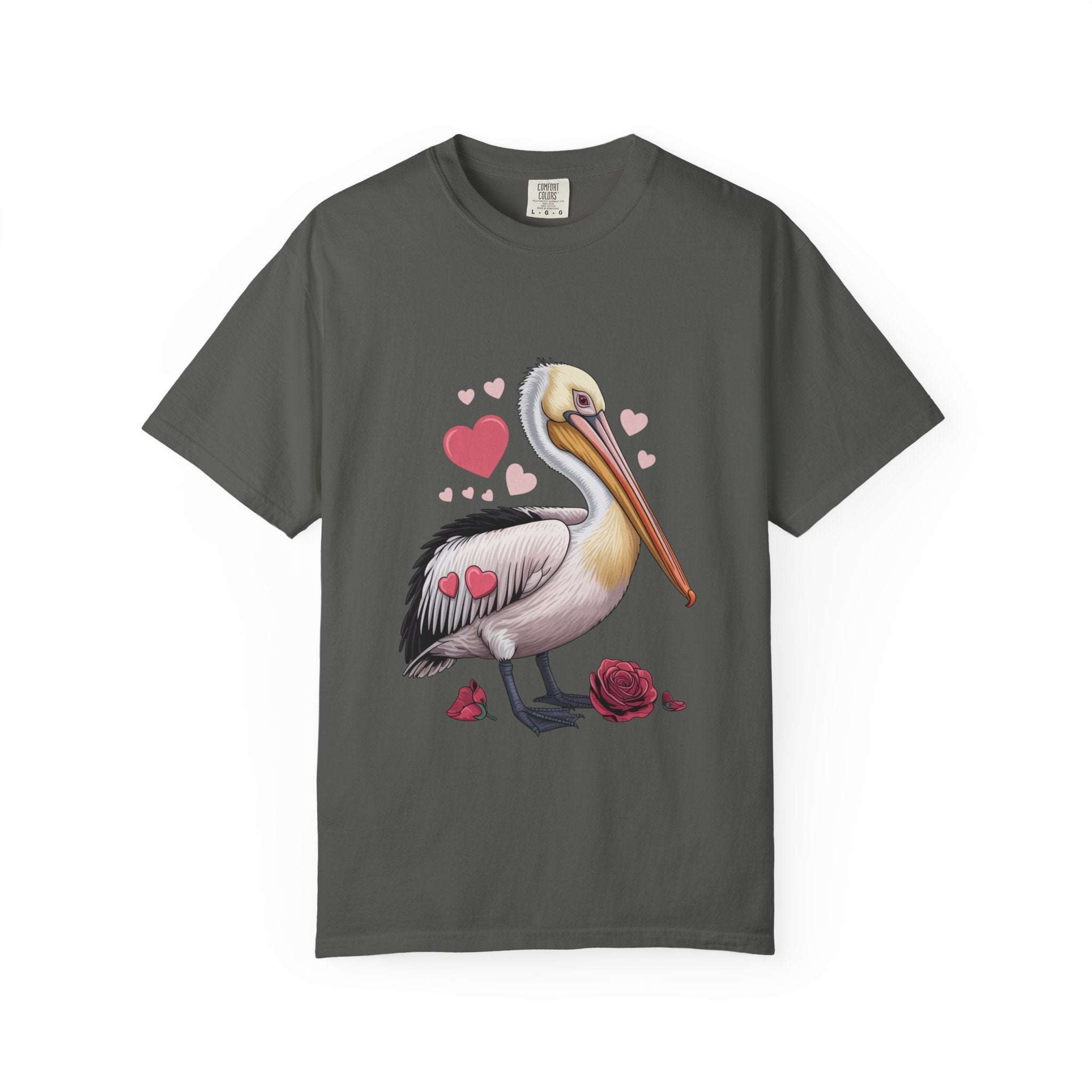Valentine Pelican Hearts T-Shirt with playful pelican and heart on sunlit shoreline