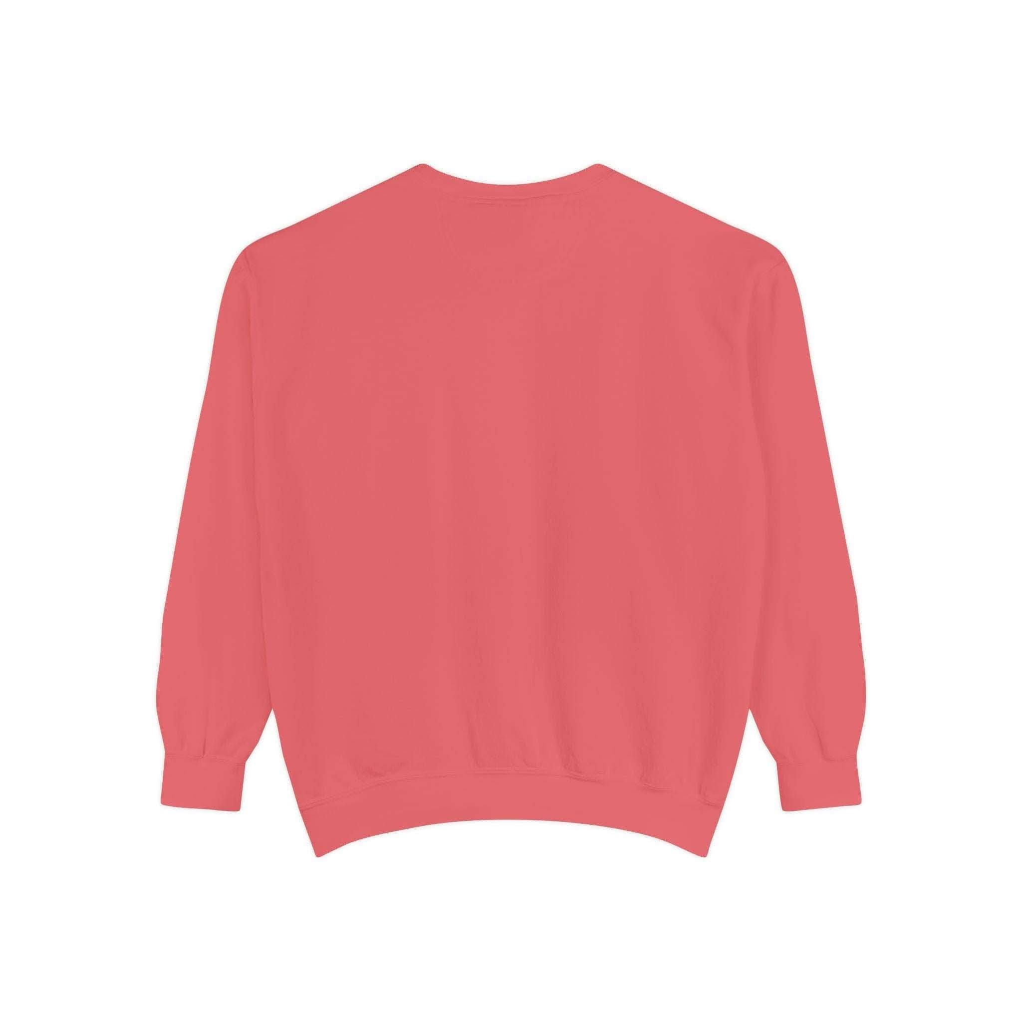 Back view of cozy vintage Christmas Nutcracker sweatshirt in soft red with ribbed cuffs and hem