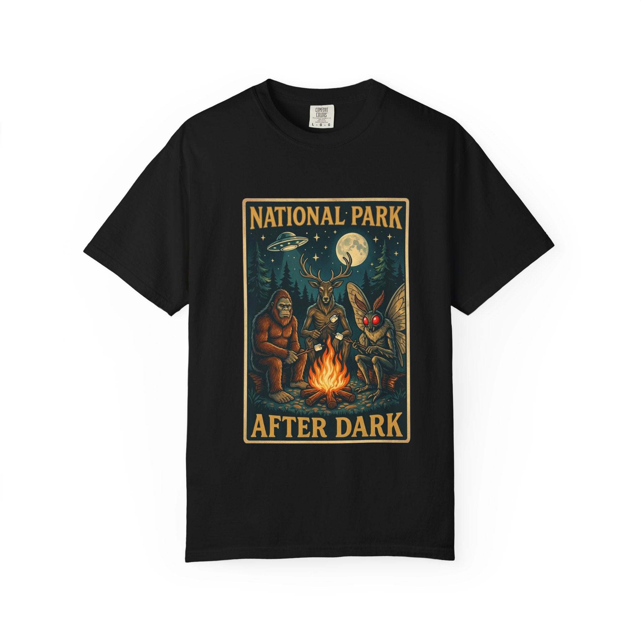 National Park After Dark T-Shirt | Campfire Sasquatch Mothman Night Creatures