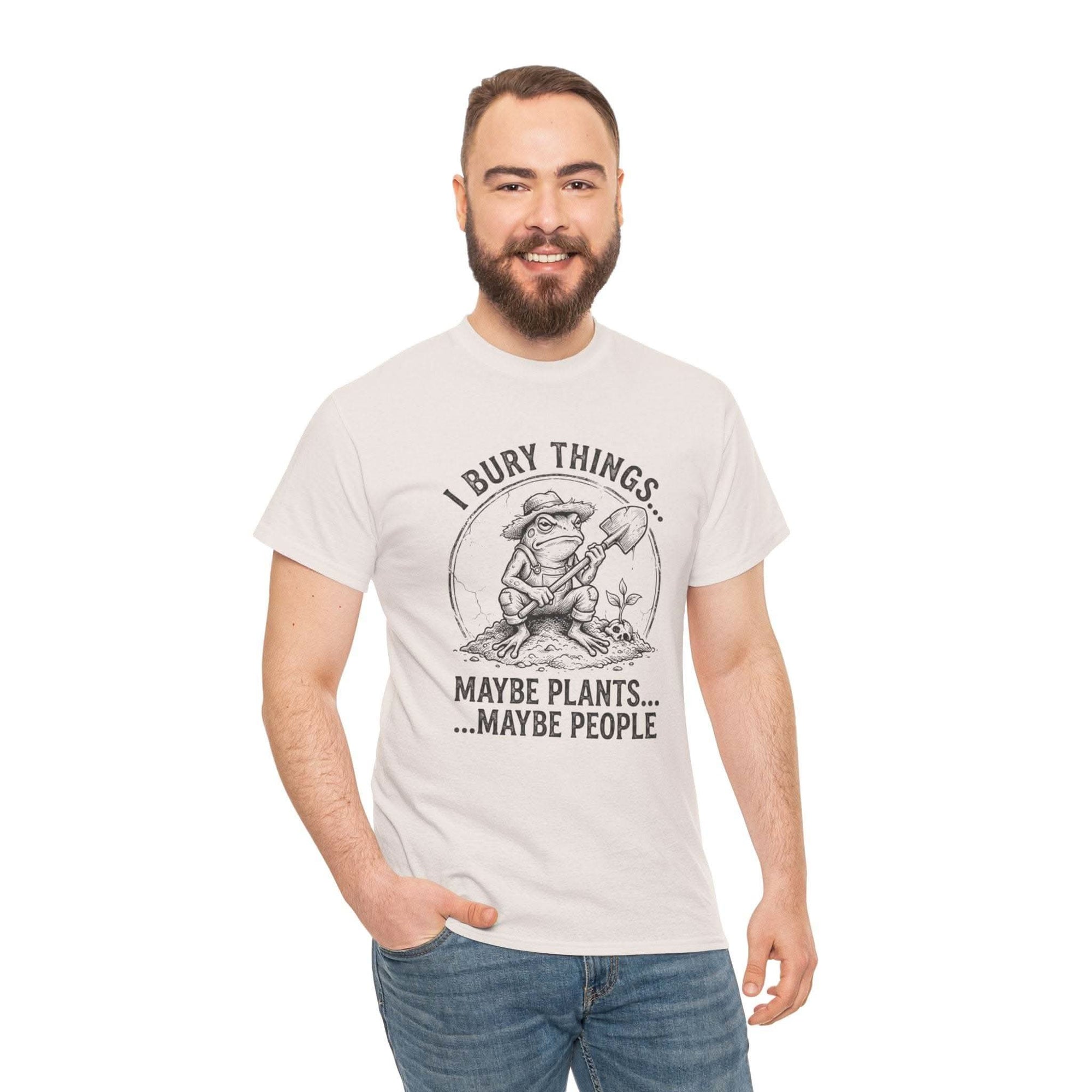 I Bury Things funny gardener t-shirt with gnome digging and dark humor text