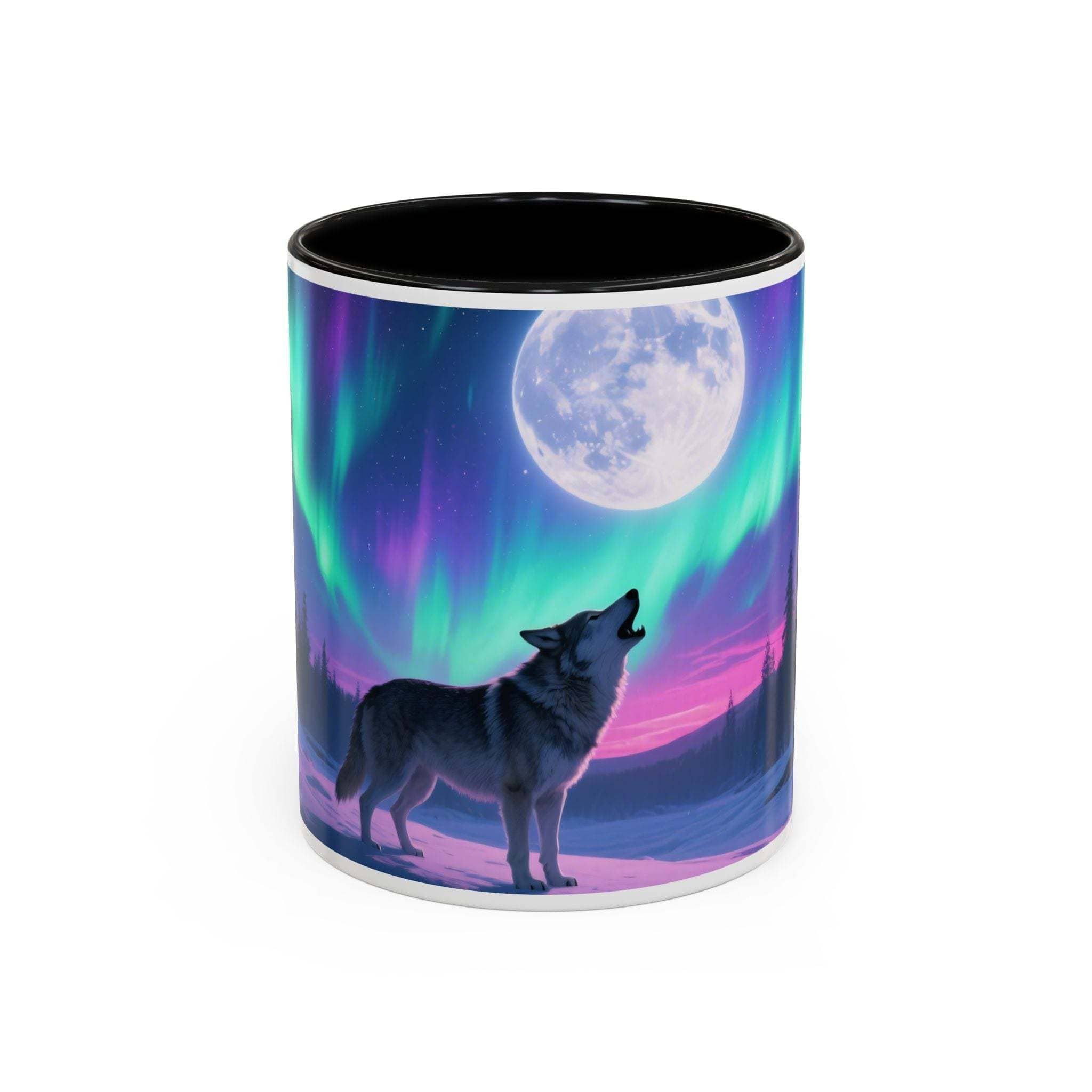 Howling Wolf Aurora Mug featuring howling wolf and northern lights design with black interior and C-shaped handle ceramic coffee mug