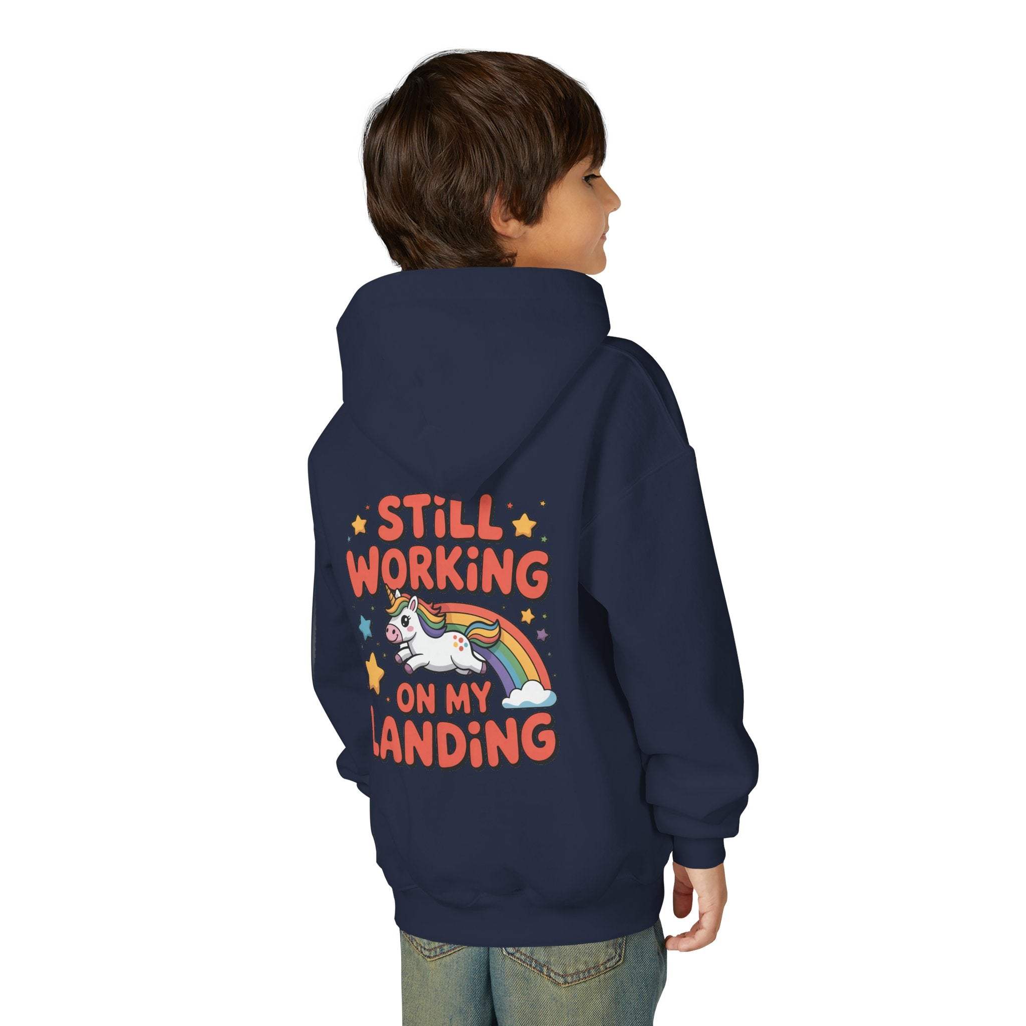 Still Working On My Landing Hoodie | Kids Unicorn Rainbow Design