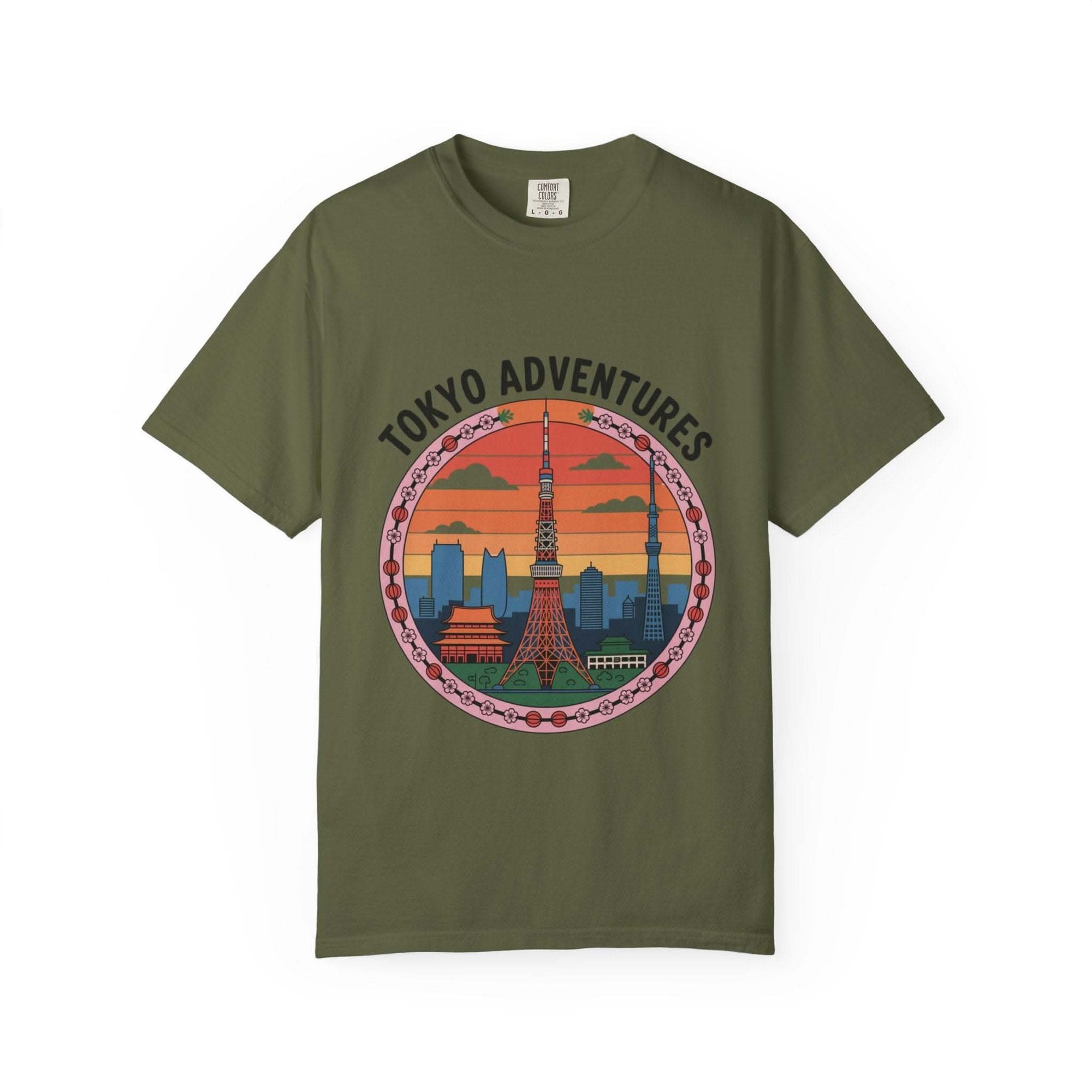 Red garment-dyed cotton t-shirt featuring Tokyo Adventures design, by Printify.
