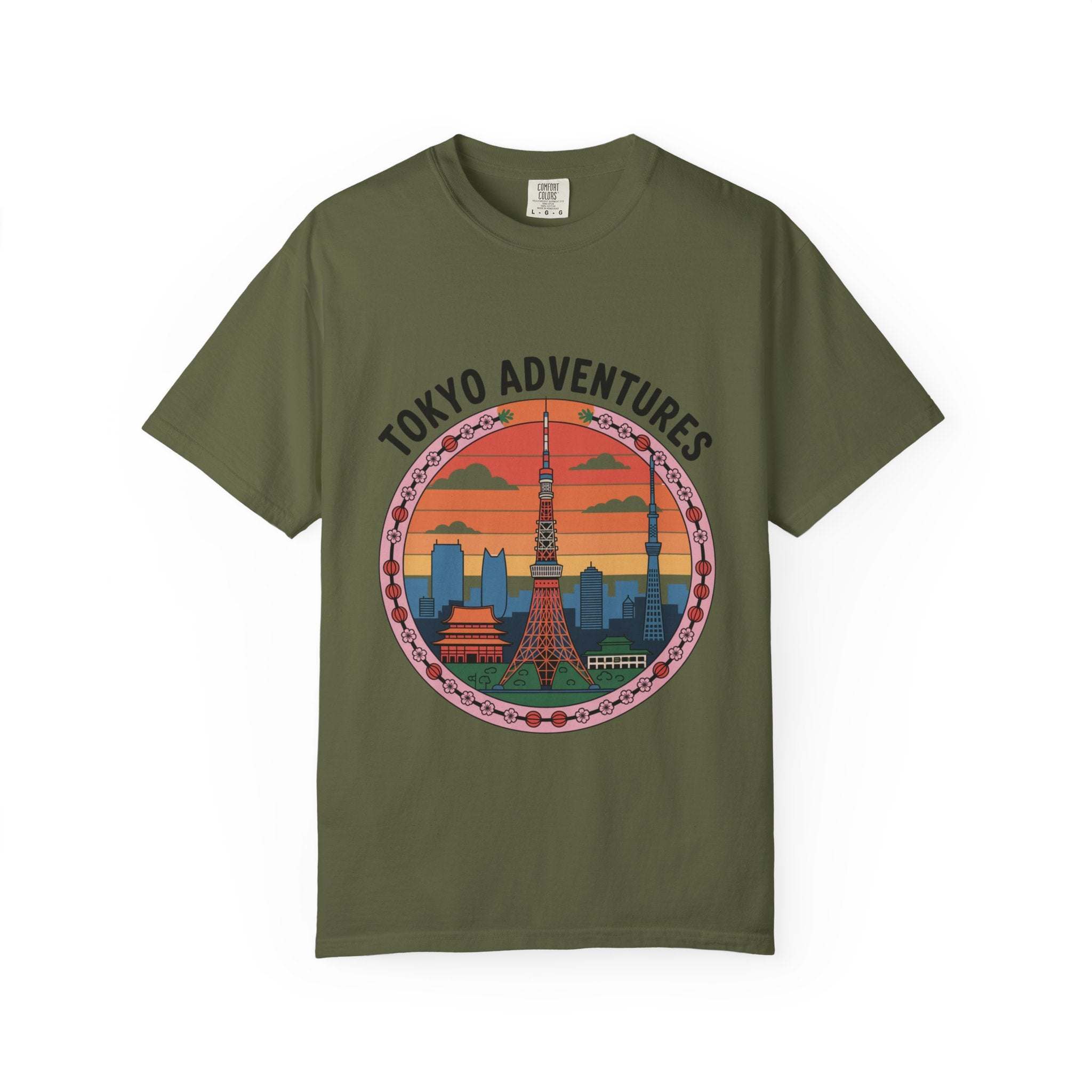 Red garment-dyed cotton t-shirt featuring Tokyo Adventures design, by Printify.