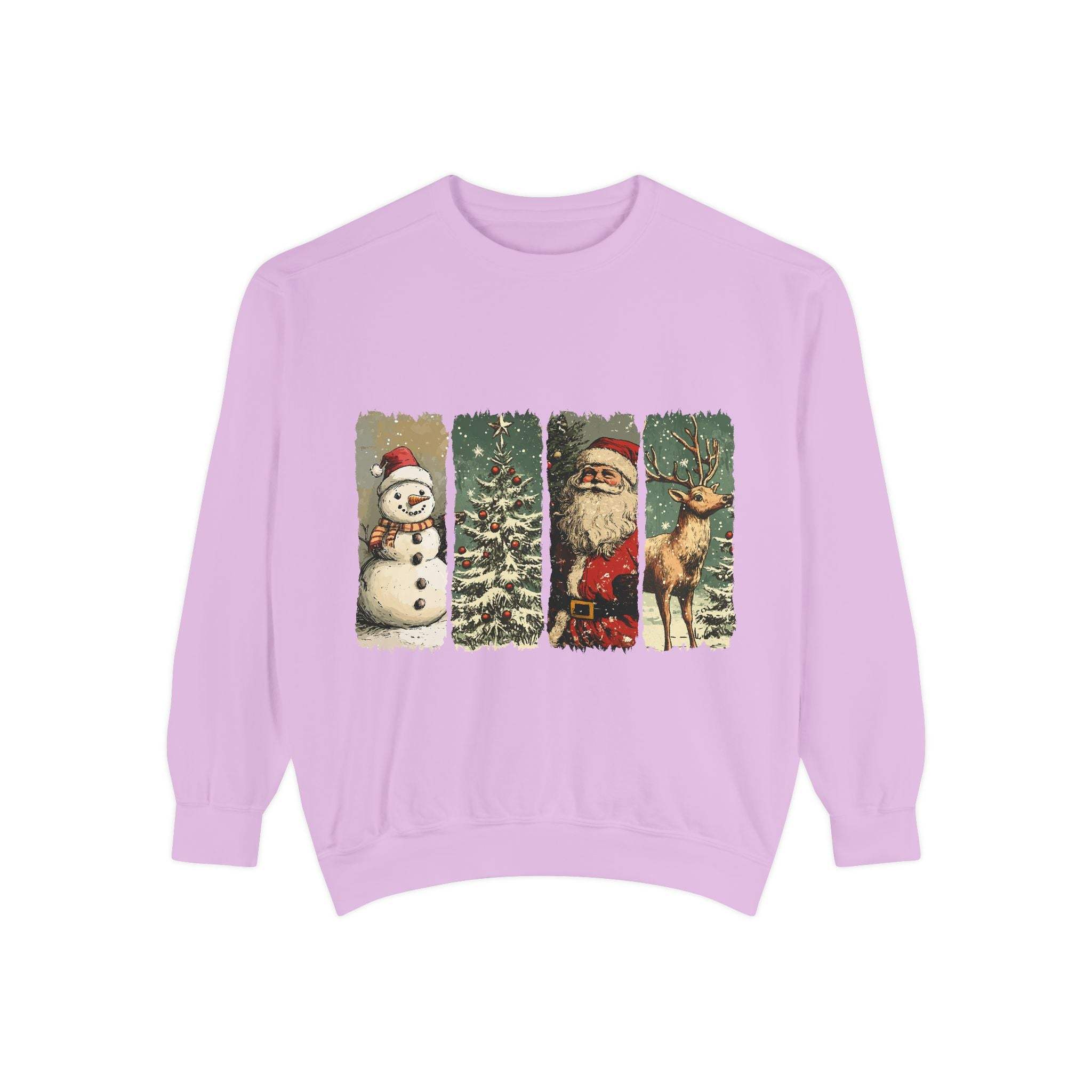 Vintage Christmas sweatshirt with watercolor snowman, tree, Santa, and reindeer design on lavender fabric