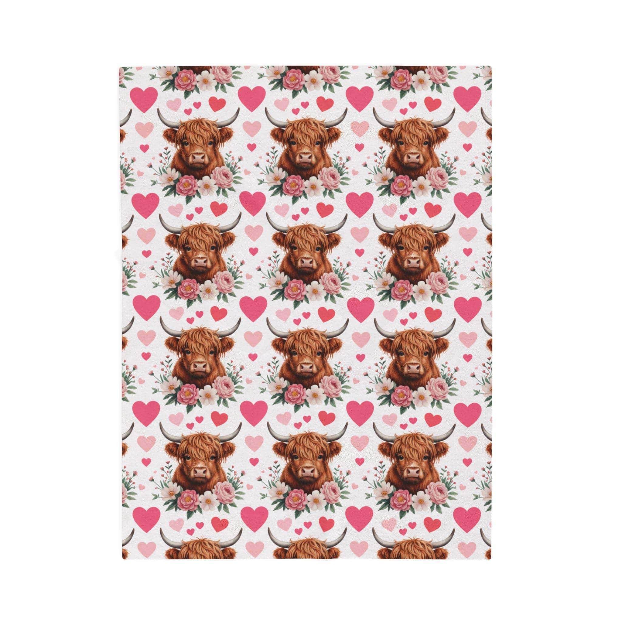 Velveteen plush blanket with floral Highland cow design and soft velveteen fabric