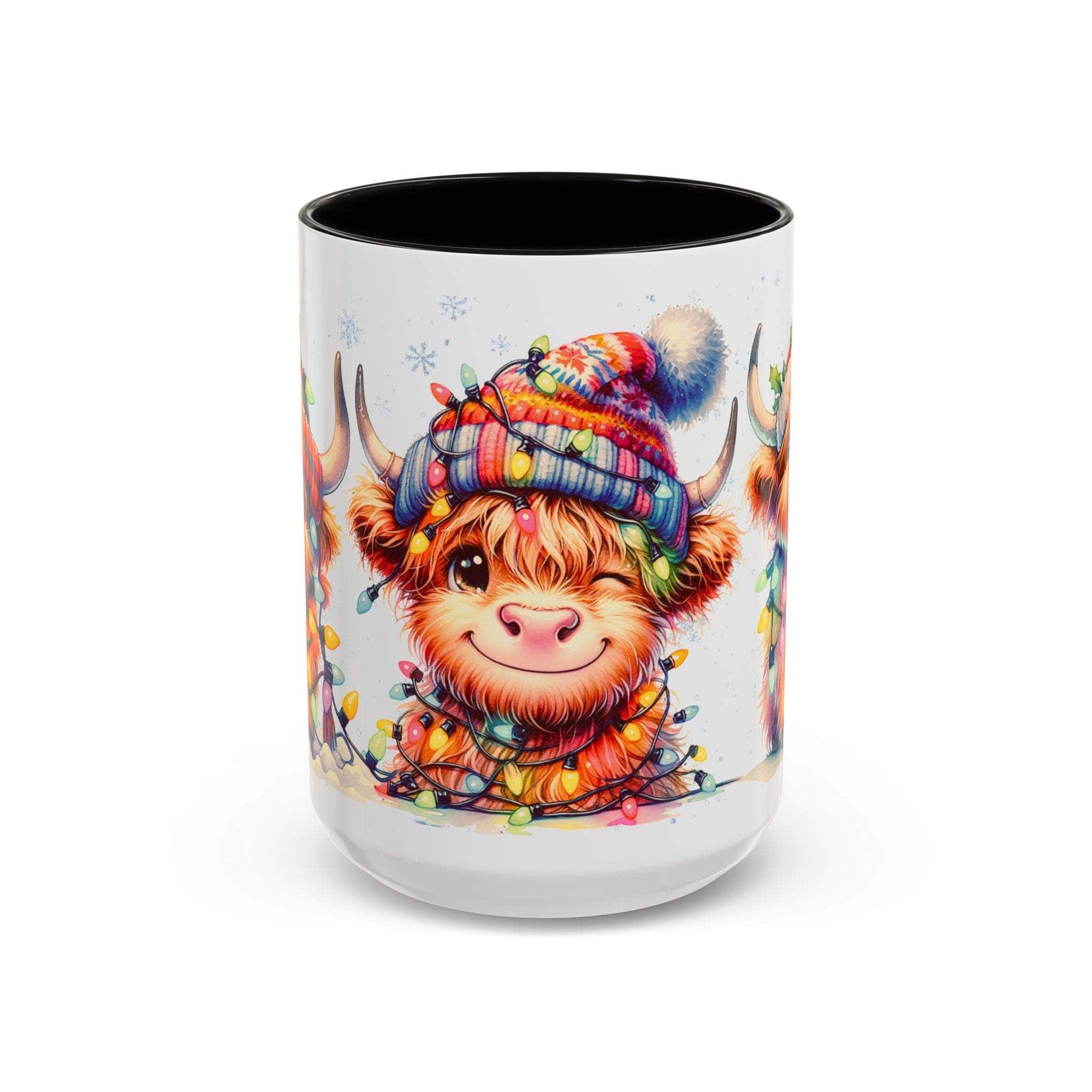 Scottish Highland Cow ceramic Christmas mug with colorful winter hat and holiday lights design, black interior and handle