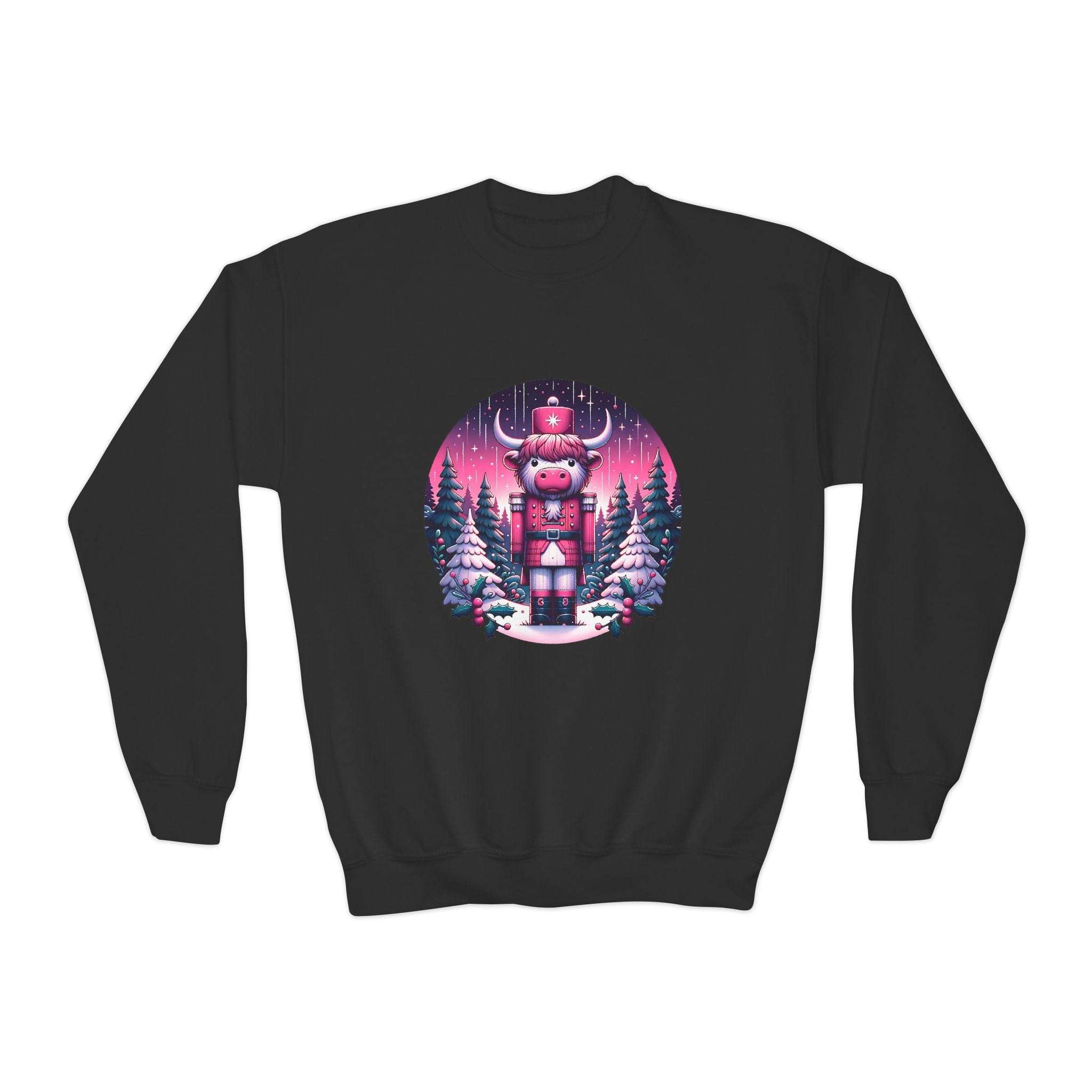 Navy youth crewneck sweatshirt featuring a festive Highland cow nutcracker design by Printify