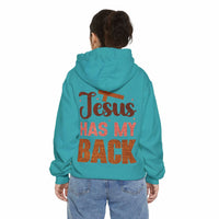 Jesus Has My Back Hoodie faith-based pullover with uplifting text across shoulders