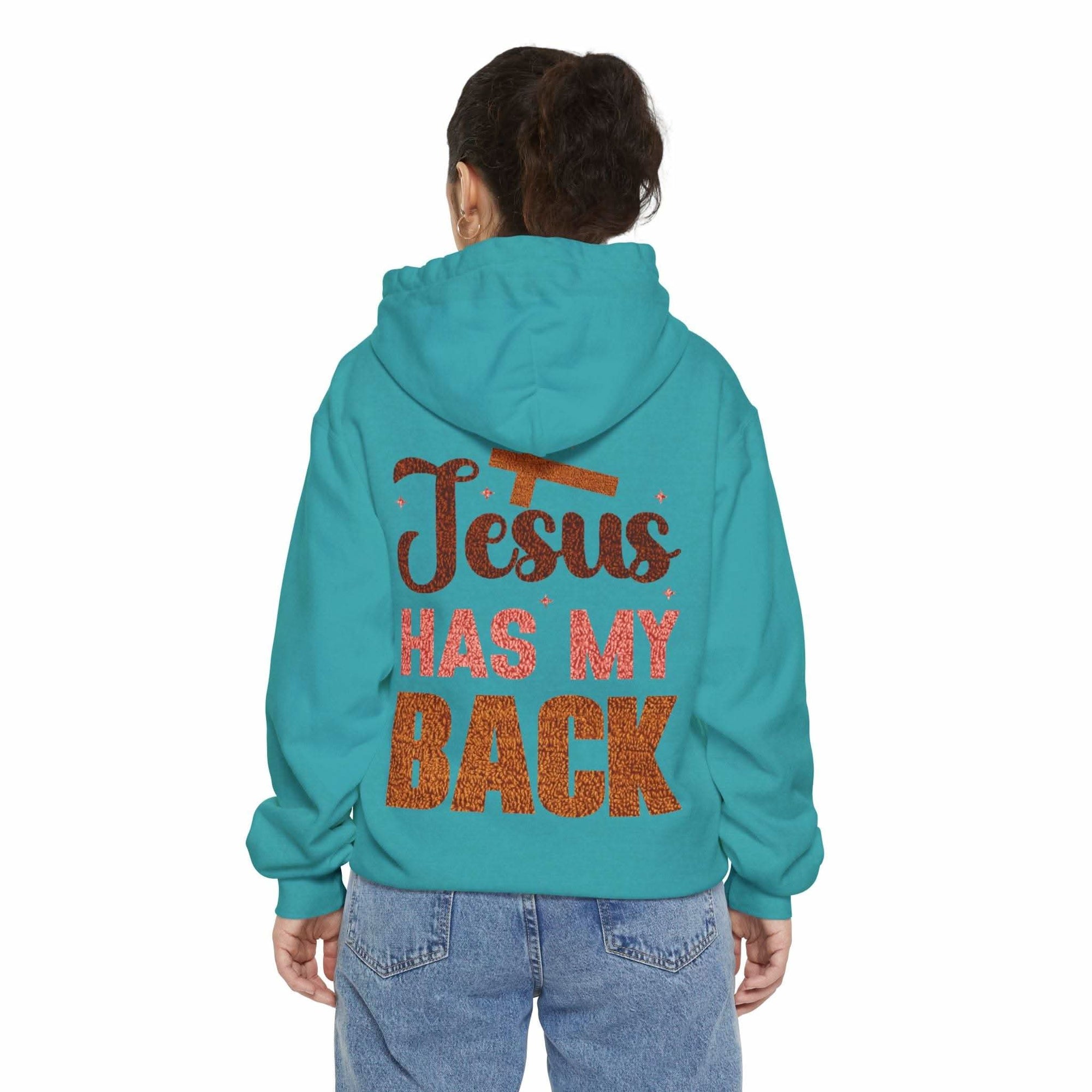 Jesus Has My Back Hoodie faith-based pullover with uplifting text across shoulders