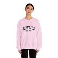 Pink Varsity Besties Crewneck Sweatshirt with Besties Est. 2025 lettering, cotton blend fabric, classic fit