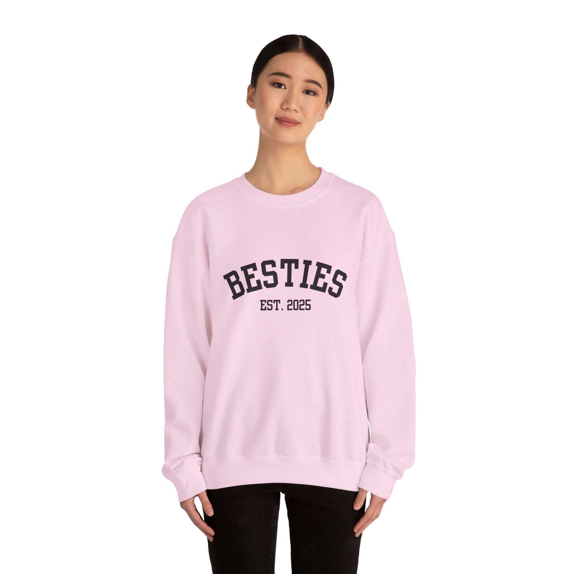 Pink Varsity Besties Crewneck Sweatshirt with Besties Est. 2025 lettering, cotton blend fabric, classic fit