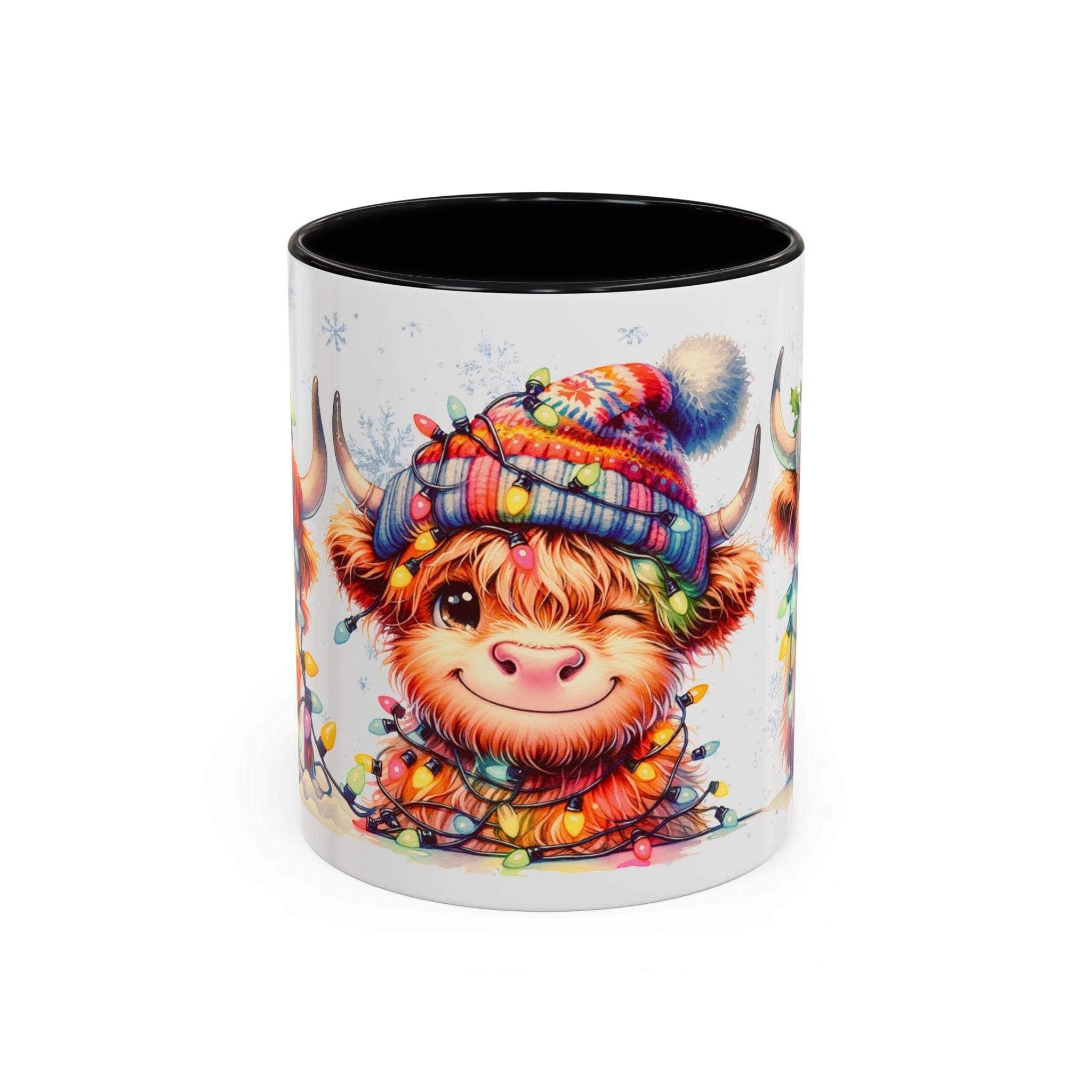 Scottish Highland Cow Christmas coffee mug with festive red handle and interior, featuring cheerful Highland cow design on white ceramic.