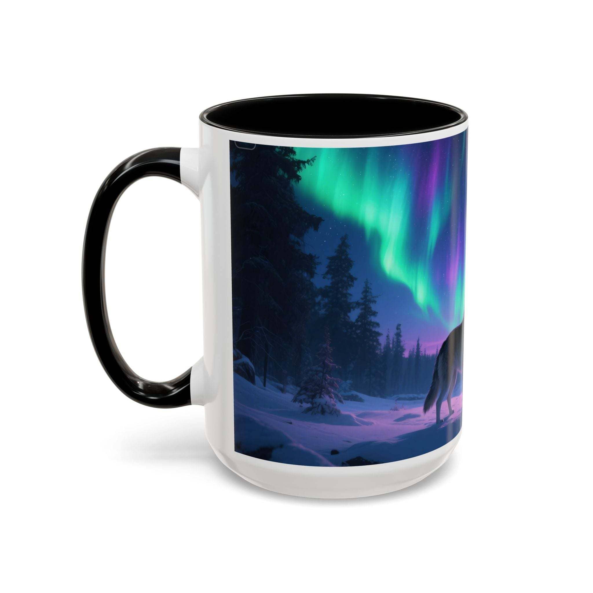 Ceramic 11oz howling wolf aurora mug with black handle and northern lights design