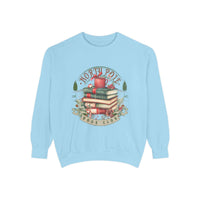 Light blue Vintage North Pole Book Club sweatshirt with cozy holiday book stack design