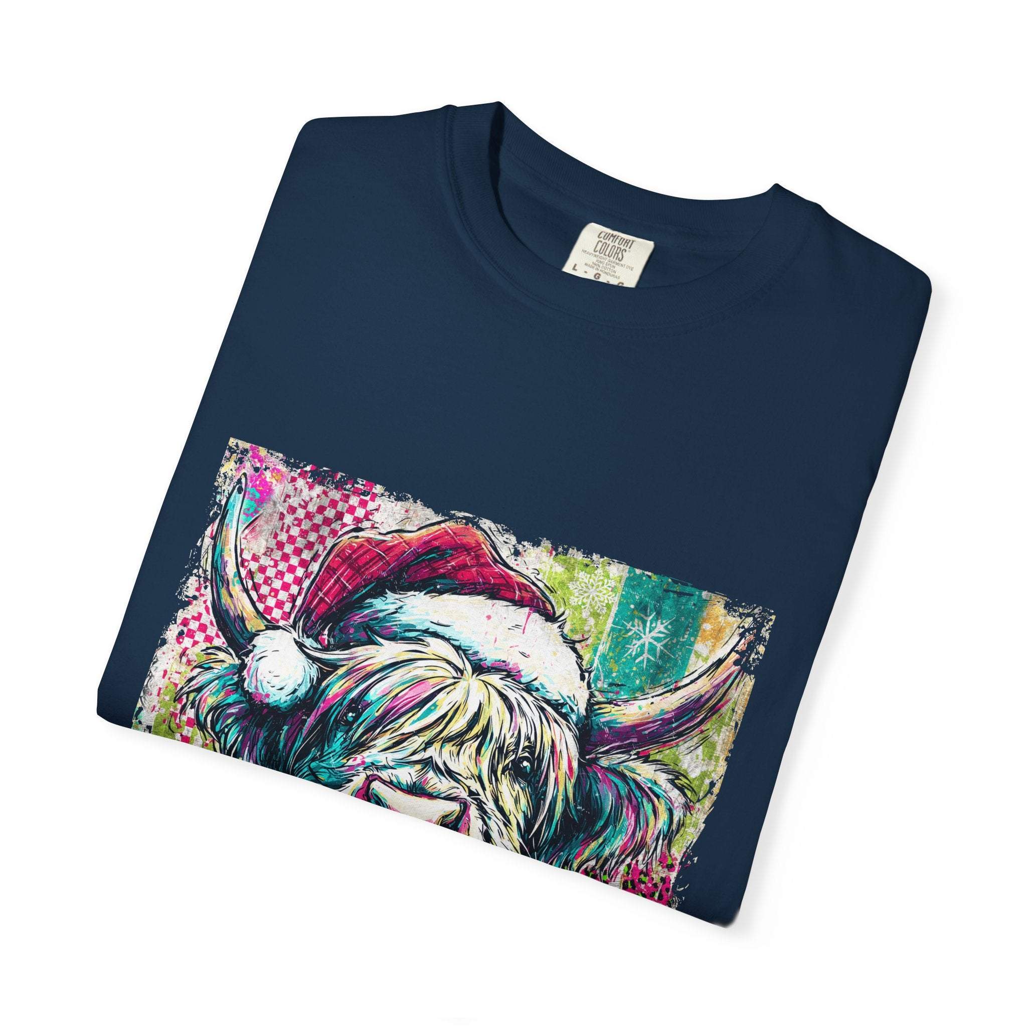Retro Santa Highland Cow T-shirt with colorful festive design on navy blue cotton fabric