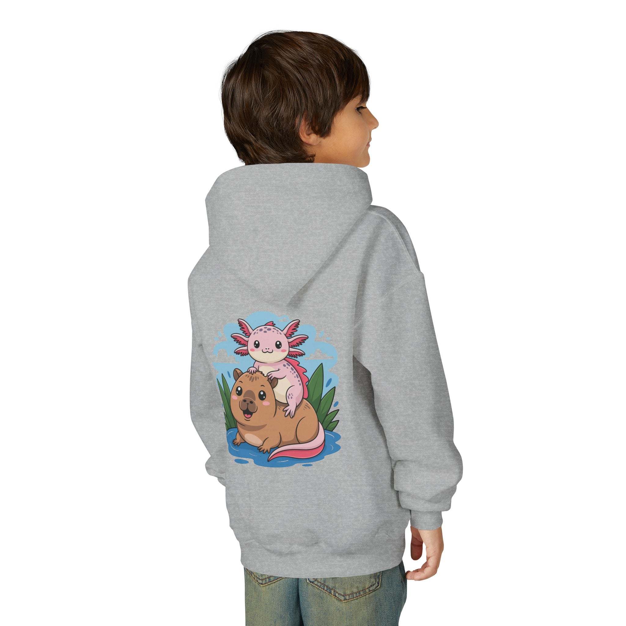 Youth hoodie with playful Axolotl & Capybara animal design in soft cotton-poly blend sweatshirt