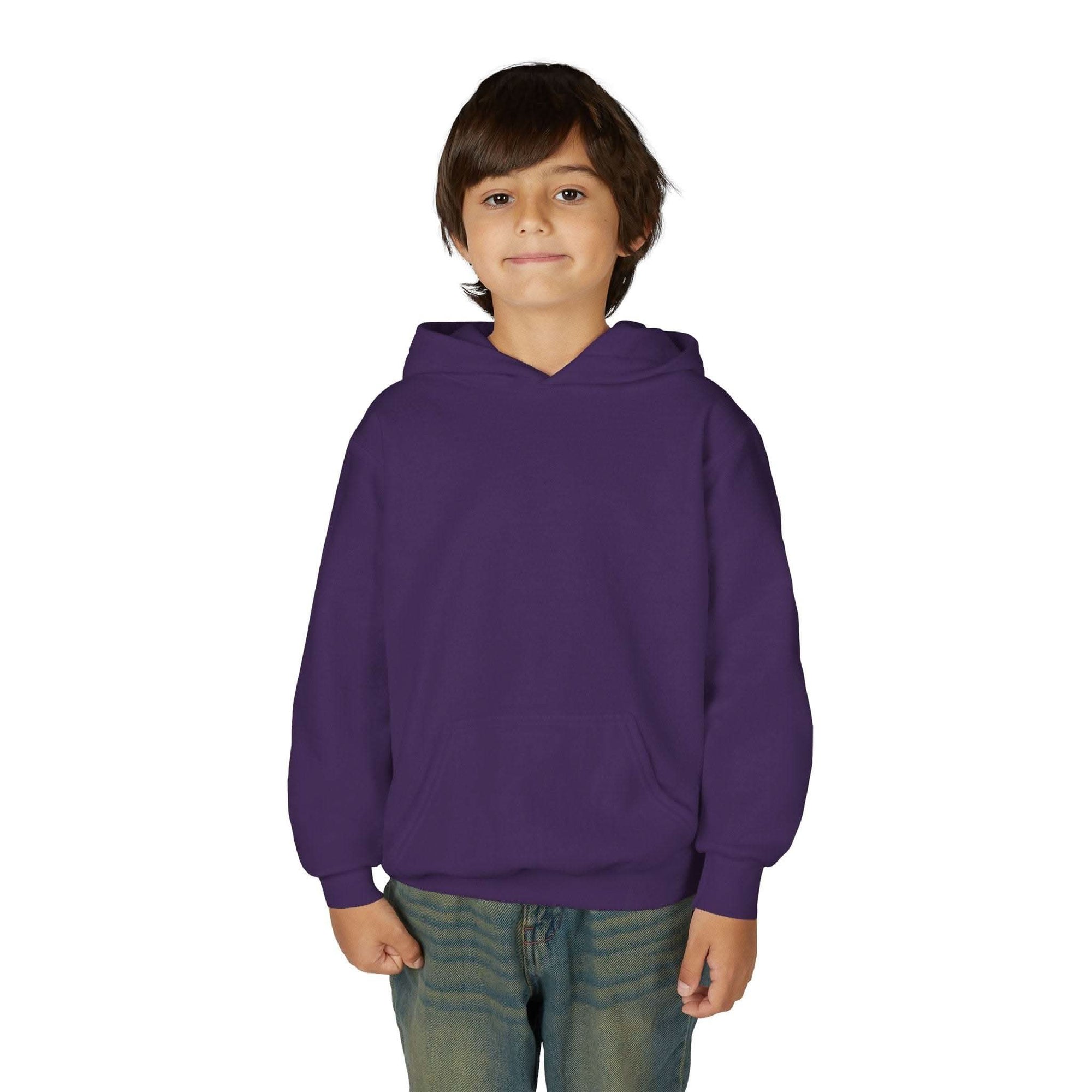 Child wearing purple Patchwork Wild Word Hoodie with kangaroo pocket and hood