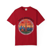 red garment-dyed T-shirt with Tokyo Adventures travel graphic and Japanese cityscape design