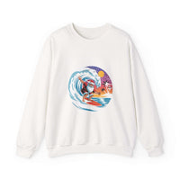 Navy Santa sweatshirt featuring a surfing design, perfect for holiday beachwear by Printify.