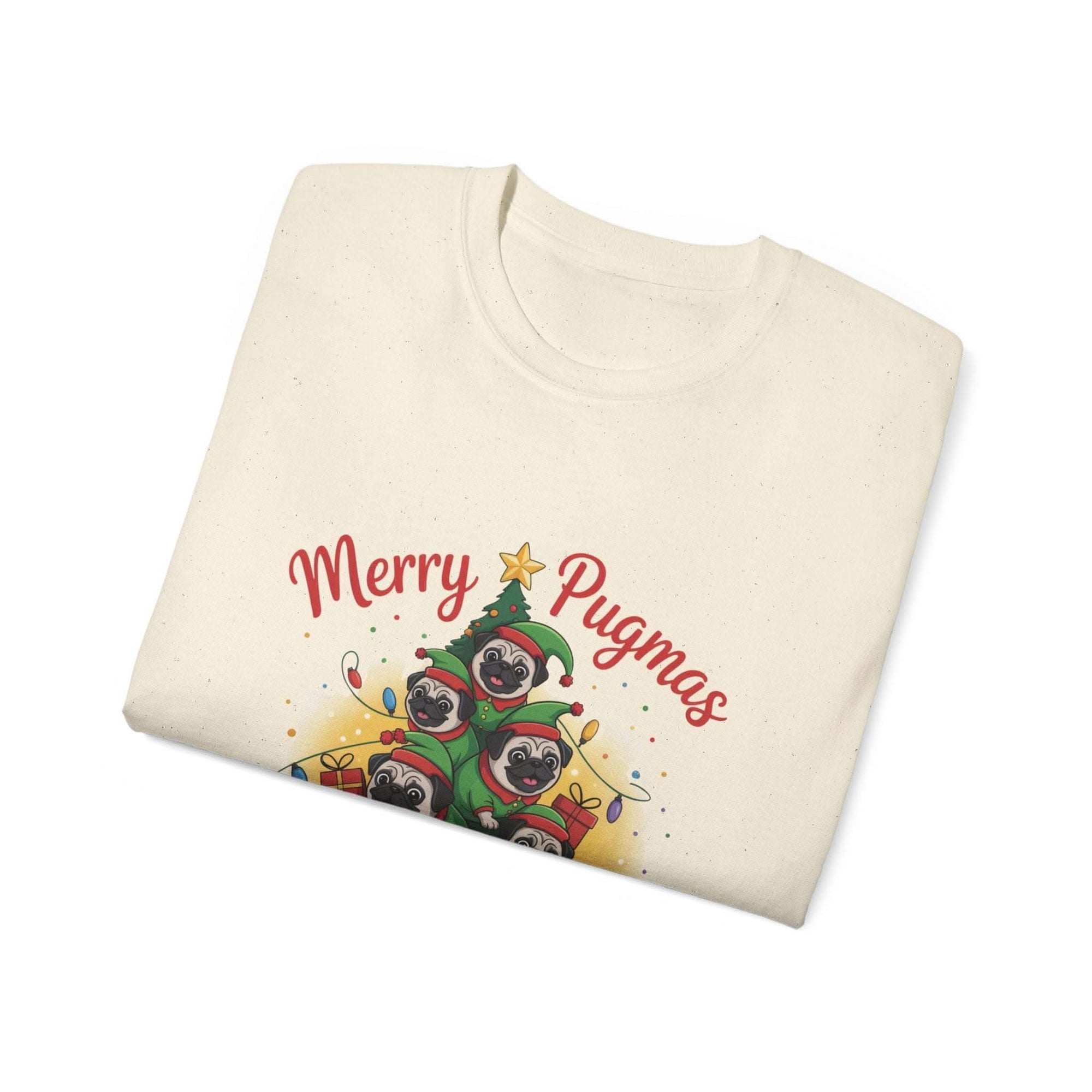 Black Merry Pugmas holiday t-shirt from Printify, featuring festive pug design for dog lovers.