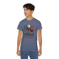 Young man wearing blue Proud Veteran T-shirt with eagle and American flag design veteran tee shirt