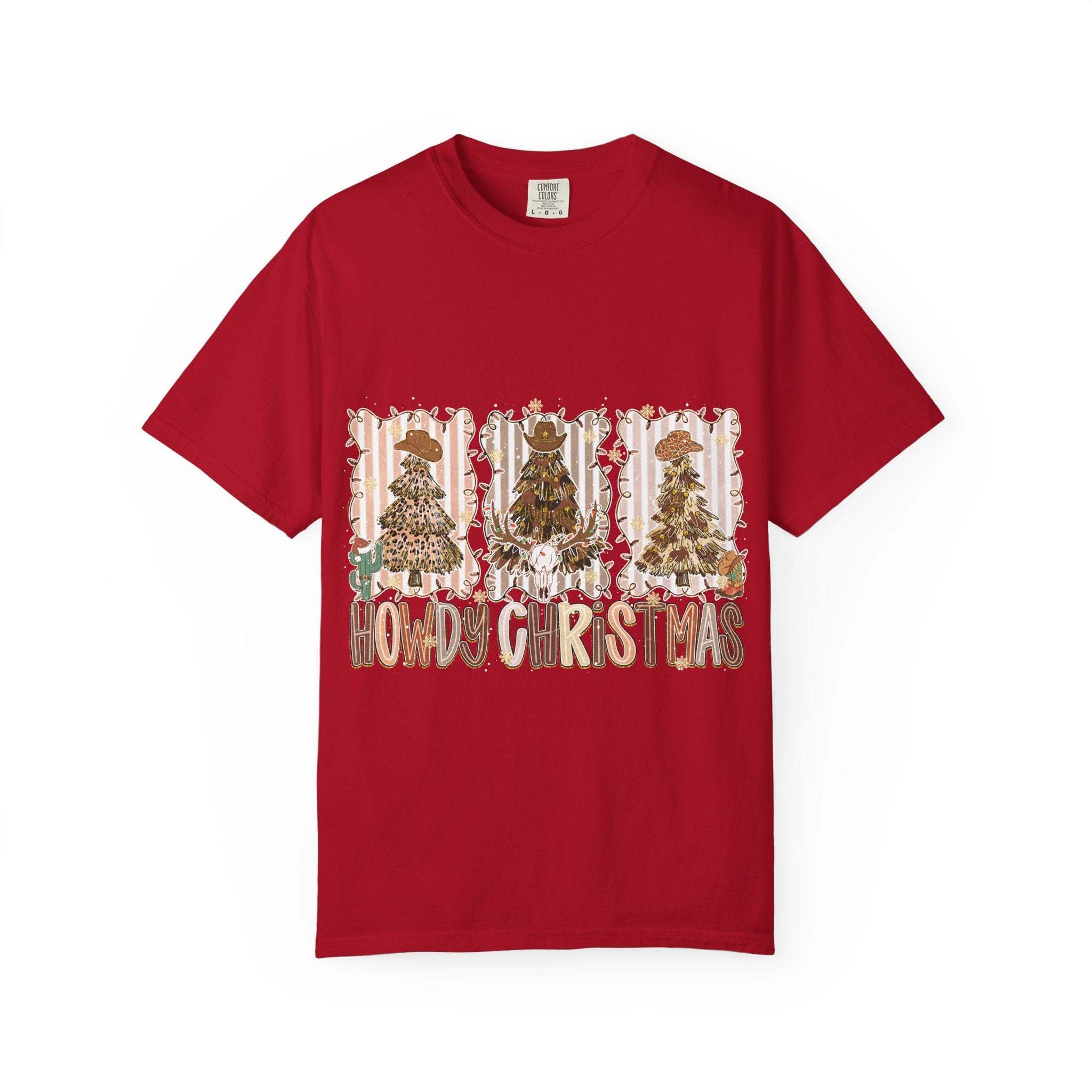 Red Cowboy Howdy Christmas t-shirt with festive cowboy-themed Christmas tree design