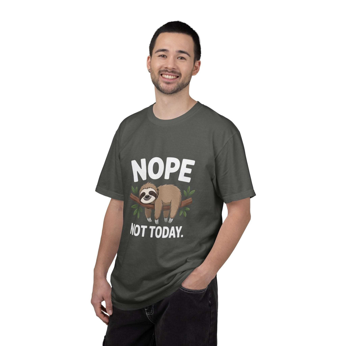 Man wearing Nope Not Today Sloth graphic T-shirt with relaxed fit and muted green color
