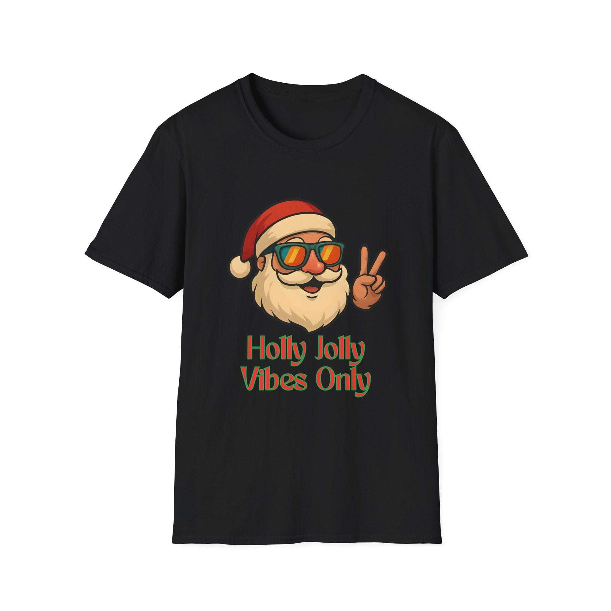 Light blue Christmas T-shirt with 'Holly Jolly Vibes Only' text, festive design by Printify