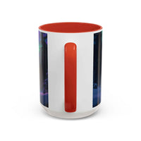 Tumbler with a red interior and colorful design on the exterior