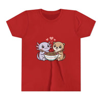 Cute Kawaii Animal Kids Shirt with axolotl and otter eating ramen, lightweight cotton tee for kids