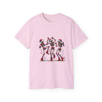 White Christmas Dancing Skeletons t-shirt by Printify, festive design perfect for holiday celebrations