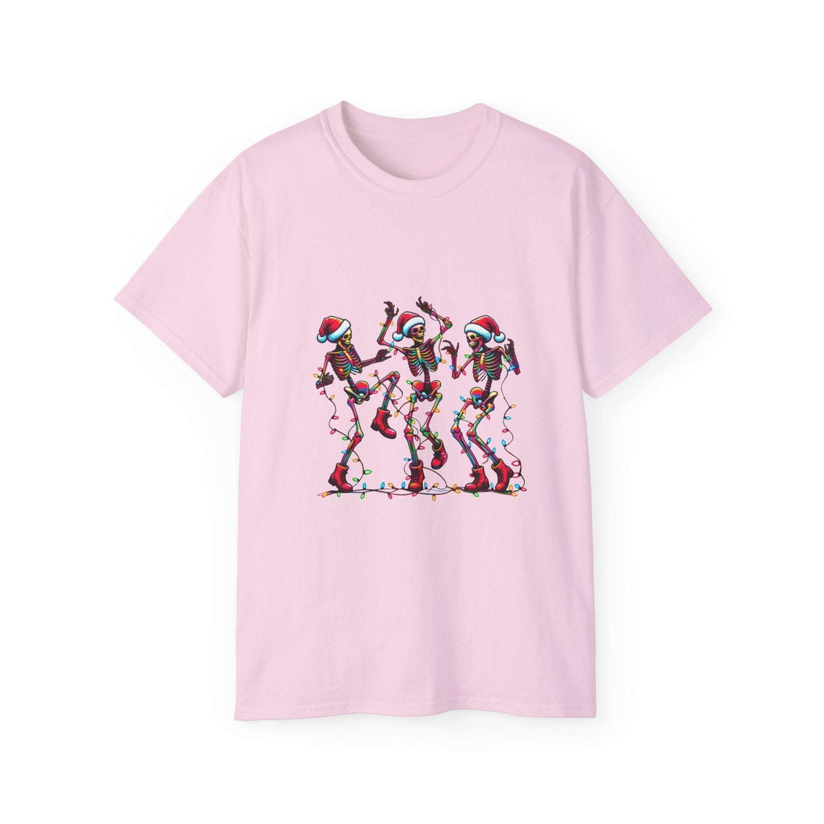 White Christmas Dancing Skeletons t-shirt by Printify, festive design perfect for holiday celebrations
