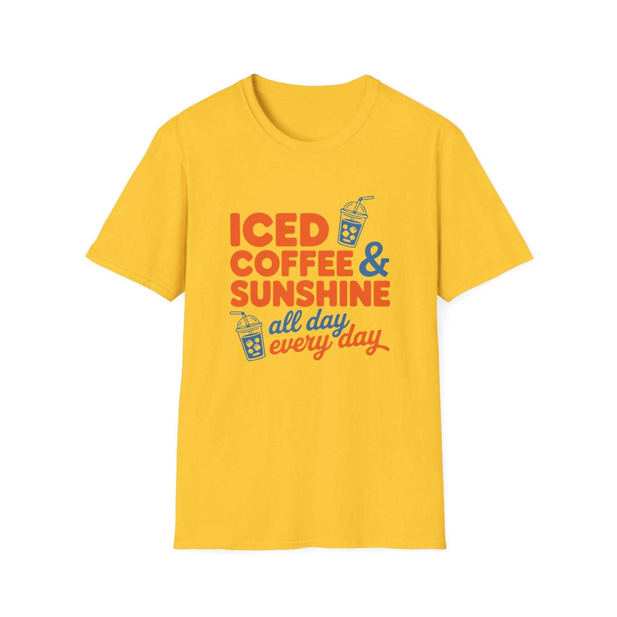 Iced Coffee & Sunshine casual summer graphic tee with iced cup print and sunny vibes