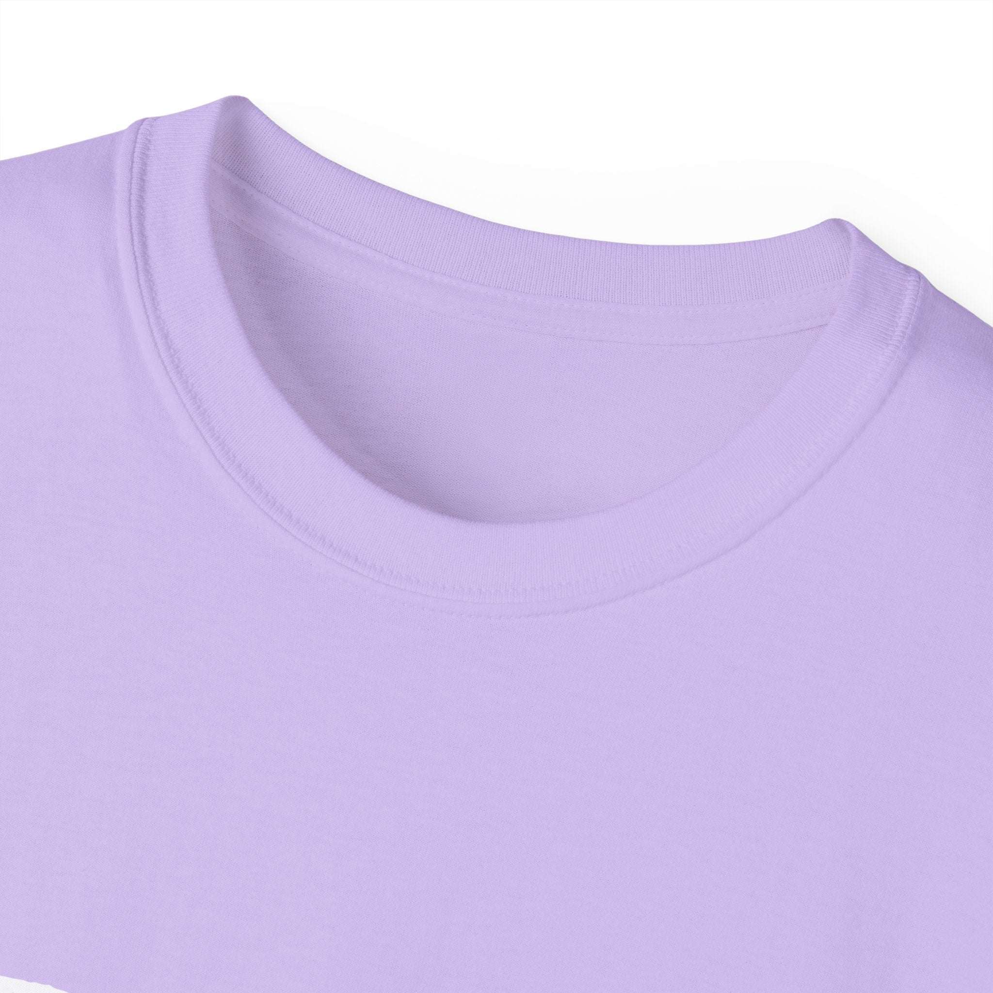 Close-up of lavender distressed Sparkle Queen T-Shirt neckline and fabric texture