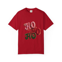 White Christmas graphic tee featuring faux puffy crochet 'Ho, Ho, Ho' design by Printify