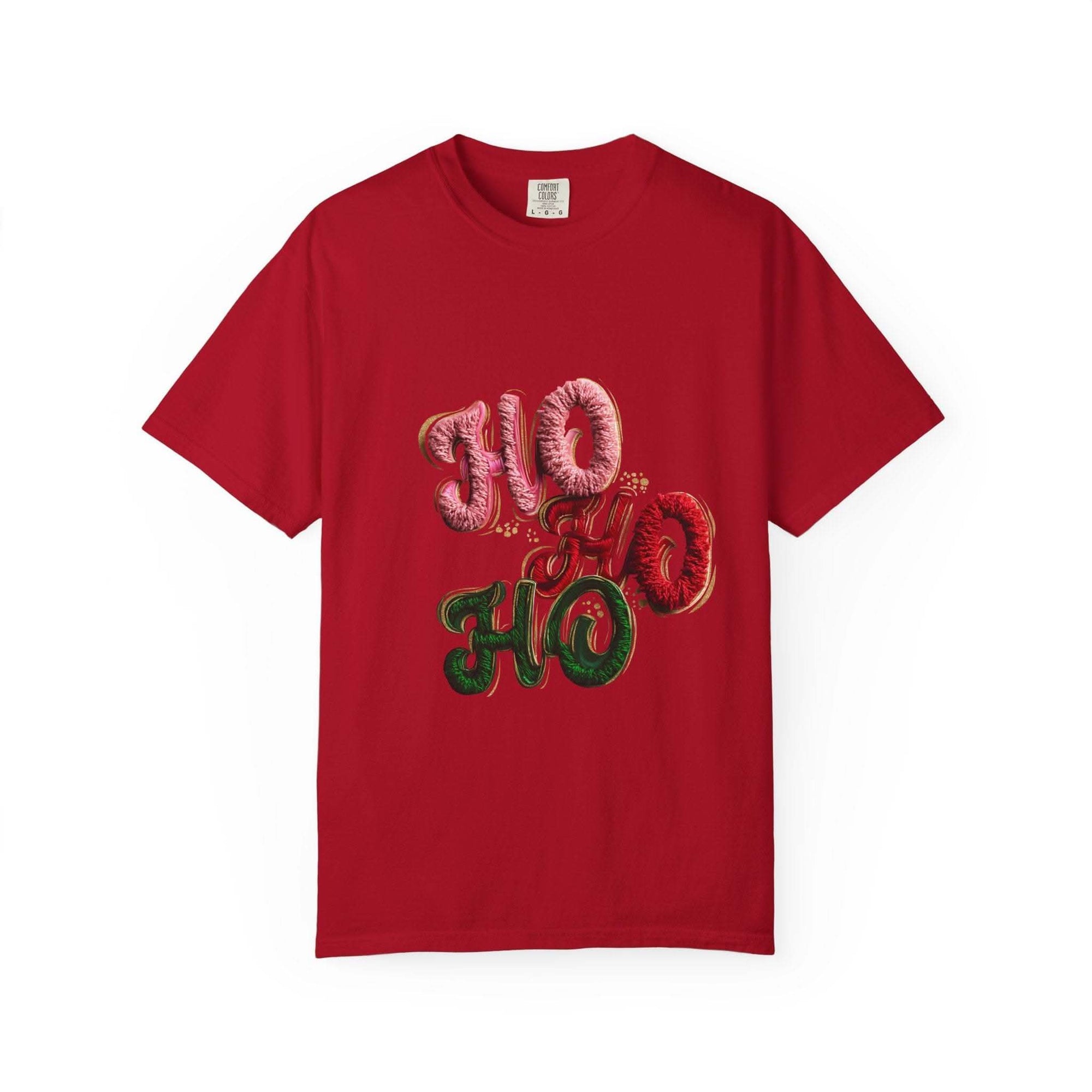 White Christmas graphic tee featuring faux puffy crochet 'Ho, Ho, Ho' design by Printify