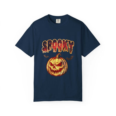 Navy blue Halloween t-shirt featuring a scary jack-o-lantern and the word "Spooky" with bats, perfect for fall season and Halloween festivities.