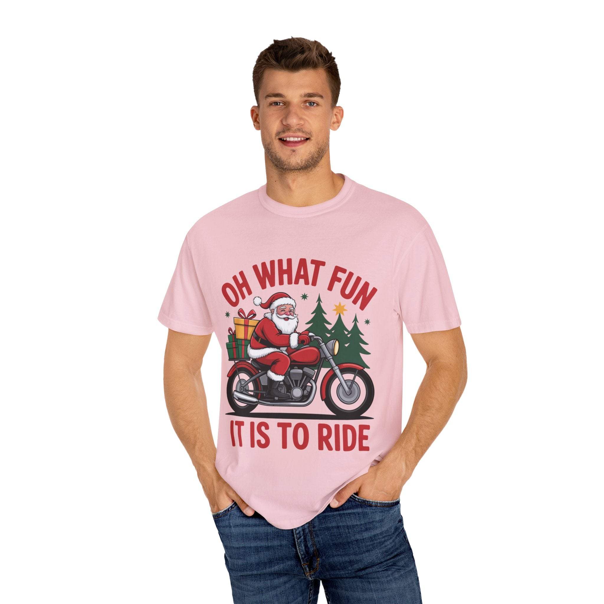 Santa on a Motorcycle T-Shirt with festive design and holiday theme