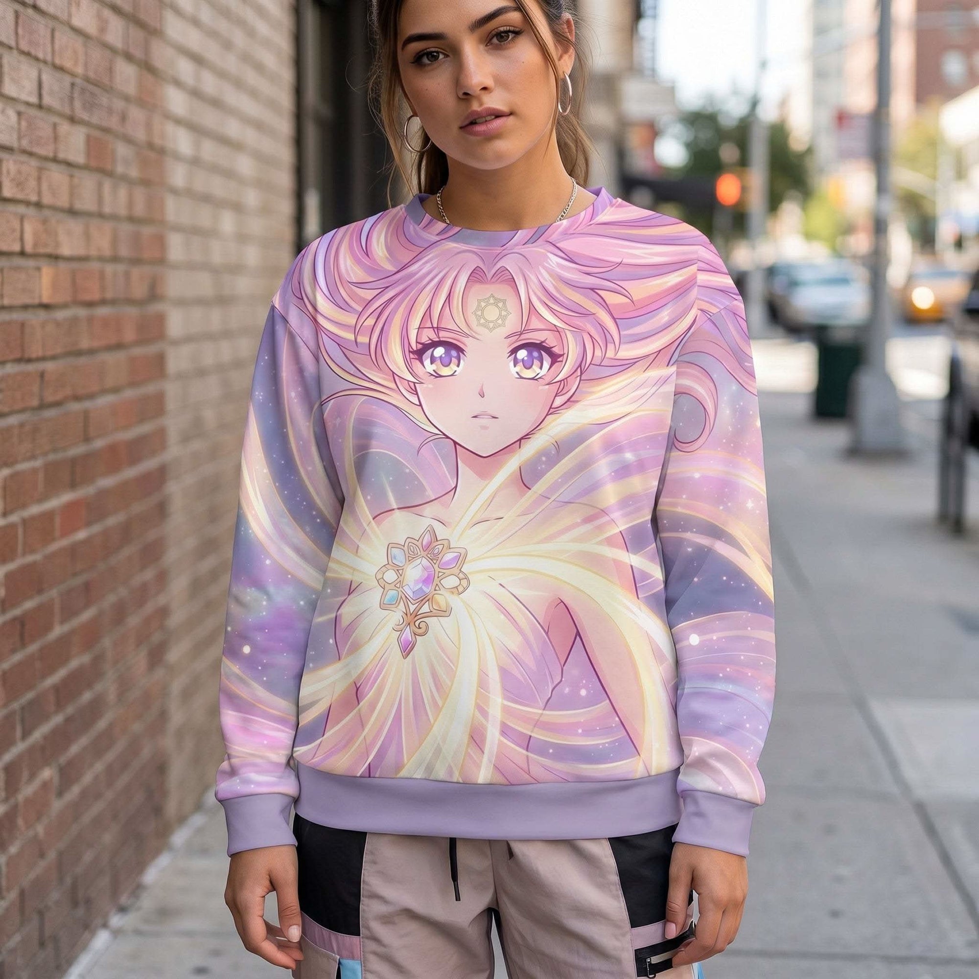 Magical Girl Anime Sweatshirt with dreamy moon and cloud design, soft cotton blend for comfort and style