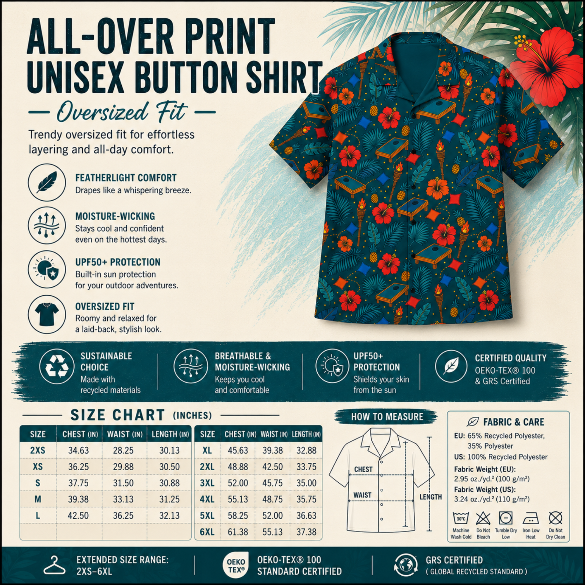 Tropical cornhole Hawaiian shirt with boards, bean bags, tiki torches, and hibiscus on teal background, unisex UPF 50+ button-up